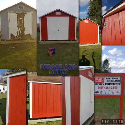 Etzinger Shed And Sign Repaint - Thanks again to, Shane Etzinger of Zinger's Mower Repairs & More for having us paint the shed and sign for his business! Always a pleasure, and it really makes a statement in the neighborhood! Be sure to like his Facebook page and hit him up for all your small engine needs. This man whispers to motors.
Thanks for looking!
