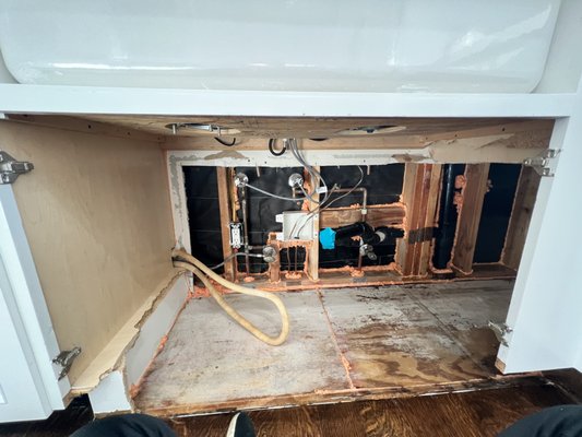 Under cabinet rebuild - Water leak turned to mold, turned to cabinet destruction, then rebuild frame, shelving, and reinstall hardware. Under cabinet rebuild - Water leak turned to mold, turned to cabinet destruction, then rebuild frame, shelving, and reinstall hardware.