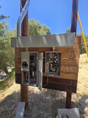 Multi meter 300 amp main electrical service - Installed a new telephone pole with a panel board and a double main electrical panel for a complicated rural property Multi meter 300 amp main electrical service - Installed a new telephone pole with a panel board and a double main electrical panel for a complicated rural property
