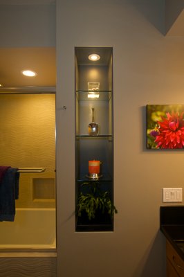 Contemporary Bathroom Design - This is a full bathroom redesign with space planning, structural changes, a combination jacuzzi tub and shower, a display niche with cantilevered glass, undulating wall tile, custom lighting and construction documents for permits. Contemporary Bathroom Design - This is a full bathroom redesign with space planning, structural changes, a combination jacuzzi tub and shower, a display niche with cantilevered glass, undulating wall tile, custom lighting and construction documents for permits.