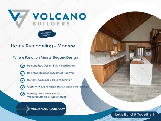 Home remodeling  - Monroe, WA - When it comes to home remodeling in Auburn, WA, Volcano Builders is your trusted partner for a seamless and transformative experience. As general contractors specializing in design, construction, kitchen remodels, bathroom remodels, and more, they offer a comprehensive range of services to elevate your living space. With their expertise and attention to detail, they will turn your remodeling dreams into reality.

Volcano Builders understands that flooring plays a pivotal role in the overall design and functionality of your home. Whether you're envisioning a modern, sleek aesthetic or a warm, inviting ambiance, their team of professionals will assist you in selecting the perfect flooring options that align with your vision and lifestyle.

When you choose Volcano Builders for your flooring installation as part of your home remodeling project, you can expect a personalized approach that caters to your specific needs and preferences. Their experienced designers will collaborate closely with you, understanding your goals, budget, and desired design elements. By taking your unique vision into account, they will recommend flooring materials, colors, and patterns that harmonize with the rest of your space, ensuring a cohesive and visually appealing result.

With Volcano Builders, you gain access to a diverse range of high-quality flooring options, including hardwood, laminate, tile, vinyl, and more. Their team will guide you through the selection process, explaining the advantages and characteristics of each material, helping you make an informed decision that enhances both the aesthetic and practicality of your home.

As trusted general contractors, Volcano Builders brings a wealth of experience to your home remodeling project. They excel in all areas of construction, including kitchen remodels and bathroom remodels. From plumbing and electrical work to cabinetry, countertops, fixtures, and flooring, their skilled professionals possess the expertise to handle every aspect of your remodeling project with meticulous attention to detail.

Throughout the entire remodeling process, Volcano Builders maintains clear communication and transparency, ensuring you are informed about the progress and involved in decision-making. They understand the importance of minimizing disruptions to your daily routine and strive to create a smooth, efficient experience. Their team of dedicated contractors will work diligently, treating your home with respect and maintaining a clean and organized work environment.

With Volcano Builders, your home remodeling project in Auburn, WA is in capable hands. Their commitment to customer satisfaction, attention to detail, and dedication to quality craftsmanship set them apart. They will transform your space with beautiful flooring installation and expert remodeling services, adding value and enhancing the overall aesthetic of your home.

Contact Volcano Builders today to discuss your home remodeling project. Experience their exceptional services and let their team of skilled contractors bring your design vision to life with their expertise and unwavering commitment to excellence.