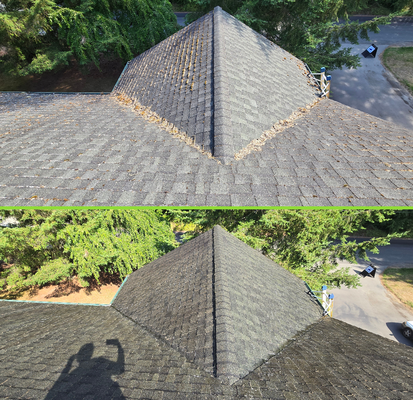 Roof and gutter cleaning - We were happy to make a big difference on this beautiful two-story home out in Maple Valley. Upon arrival, our first priority was safety — we checked for a roof anchor but found none. The homeowner was happy to have one installed, and once it was secured, we got to work.

We used nylon bristle brushes to remove approximately 80–90% of the moss and debris from the roof. Then, we cleared the surface and gutters with a leaf blower and hand-removed any clogs to ensure proper drainage.

After thoroughly clearing the roof, we performed a full inspection and were glad to find no repairs were needed. To prevent moss from growing back, we applied a liquid treatment to eliminate the remaining 10–20% of growth.

The results were fantastic — the dark streaks were gone, the moss was removed, and the roof looked like new. Most importantly, the homeowner was thrilled with the outcome!