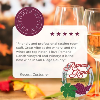 Reviews & References - "This winery was such a pleasant surprise! We were on our way back from Julian and decided (very much) on a whim to veer off the road when we saw a sign for wine tasting. Didn't know what to expect, but glad we stopped - gorgeous views, beautiful tasting room with big windows, outdoor seating with shade, dog friendly, enjoyable wines, and friendly staff. We'll be back!”   Mel, a recent guest