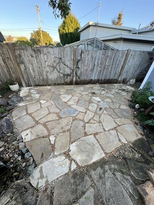 Natural Stone Patio with River Rock Joints - Natural stone patio installation: base preparation, stone placement, and joint filling with river rock. A durable and stylish outdoor surface! Natural Stone Patio with River Rock Joints - Natural stone patio installation: base preparation, stone placement, and joint filling with river rock. A durable and stylish outdoor surface!