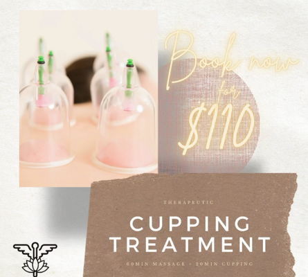 CUPPING THERAPY - Therapeutic cupping can help with a variety of things such as muscle pain & discomfort, reduce muscle recovery time, reduce inflammation, address specific areas of tension and adhesion, improve range of motion, help repair muscle fibers following intense workout/activity, and so much more. My cupping treatment service is perfect if you’re looking to receive focused body work or just get an introduction to cupping therapy. 60 minutes of massage work followed by 20 minutes of cupping therapy for only $110. Dm me to book or click the “Book Now” link in bio!