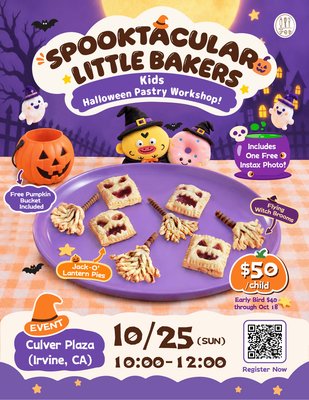 2026 Spooktacular Little Bakers Halloween Event! 🎃 - Bring your little bakers to Culver Plaza on Sun 10/25 (10am-12pm)! Make Jack-O'-Lantern Pies & Witch Brooms. Includes free pumpkin bucket & Instax photo! Early bird $40 ($50 reg) & group deals available. Reserve now! 2026 Spooktacular Little Bakers Halloween Event! 🎃 - Bring your little bakers to Culver Plaza on Sun 10/25 (10am-12pm)! Make Jack-O'-Lantern Pies & Witch Brooms. Includes free pumpkin bucket & Instax photo! Early bird $40 ($50 reg) & group deals available. Reserve now!