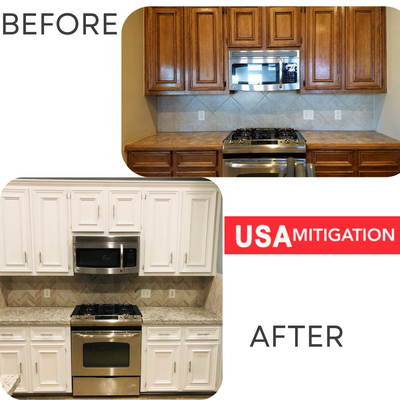 Kitchen Restoration and Rebuild - In this kitchen cabinet rehab, we took dated and dull and turned it into bright and beautiful. We refinished the cabinets, updated the hardware, and gave the entire space a fresh feel with a soft light blue wall color that adds a clean, calming touch. It’s amazing what paint and craftsmanship can do!