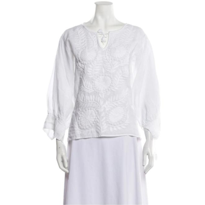 Nili Lotan Tie Neck Three-Quarter Sleeve Blouse - Nili Lotan White Blouse 
Embroidered Accent 
Three-Quarter Sleeve with Tie Neck 
Sash-Tie Closure at Front 

Estimated item measurements 
Bust: 44.5" 
Waist: 44" 
Length: 24" 
Fabric: 100% Linen; Combo 100% Cotton