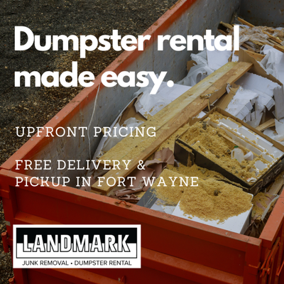Dumpster Rental - We offer 3 sizes of dumpster. Delivery & Pickup are FREE (Fort Wayne and surrounding areas ~20 miles). There will be a small additional charge outside of this area. Rental duration is 2-12 days. Longer periods can be arranged for a fee. Dumpster Rental - We offer 3 sizes of dumpster. Delivery & Pickup are FREE (Fort Wayne and surrounding areas ~20 miles). There will be a small additional charge outside of this area. Rental duration is 2-12 days. Longer periods can be arranged for a fee.