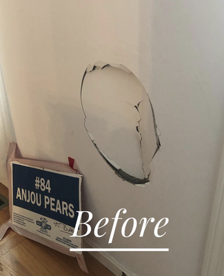 Emergency Hole Patch/Repair on Xmas Eve - Hole damage created Christmas Eve by my clients son throwing a baseball for the dog in the house. I was called to repair/patch/texture/paint it for my client just an hour and a half before their guests were arriving for Christmas Eve dinner. You can always give me a call for short notice and/or emergency jobs as such! Emergency Hole Patch/Repair on Xmas Eve - Hole damage created Christmas Eve by my clients son throwing a baseball for the dog in the house. I was called to repair/patch/texture/paint it for my client just an hour and a half before their guests were arriving for Christmas Eve dinner. You can always give me a call for short notice and/or emergency jobs as such!
