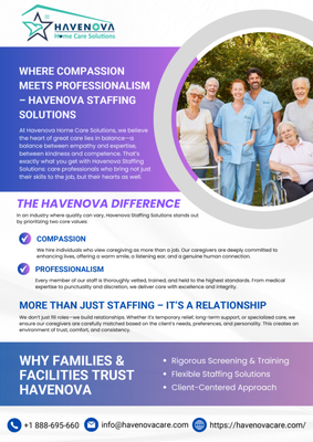 Homecare - At Havenova Home Care, we help families keep their loved ones safe, comfortable, and independent at home. Our trained caregivers provide personalized support that brings peace of mind and dignity to everyday living.
We offer a full range of services, including personal care (bathing, grooming, mobility), companion care (conversation, light housekeeping, meal prep), dementia & Alzheimer’s support, wellness nurse visits, transportation, respite care, live-in and 24/7 care, and hospital transitional care.
Families choose Havenova because we’re local, responsive, and flexible. With customized care plans, licensed caregivers, and clear private-pay pricing, we make home care simple, reliable, and compassionate. Homecare - At Havenova Home Care, we help families keep their loved ones safe, comfortable, and independent at home. Our trained caregivers provide personalized support that brings peace of mind and dignity to everyday living.
We offer a full range of services, including personal care (bathing, grooming, mobility), companion care (conversation, light housekeeping, meal prep), dementia & Alzheimer’s support, wellness nurse visits, transportation, respite care, live-in and 24/7 care, and hospital transitional care.
Families choose Havenova because we’re local, responsive, and flexible. With customized care plans, licensed caregivers, and clear private-pay pricing, we make home care simple, reliable, and compassionate.