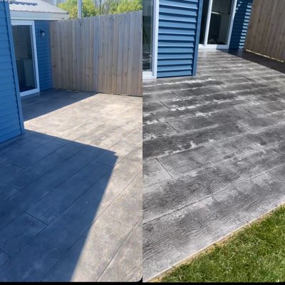 Stamped Concrete Patio Sealing - This stamped concrete patio needed a refresh. We pressure washed it first and waited for it to dry in the sun. The sealant application brought it from looking old and dull to brand new again! You can get these same amazing results in just one day. Text 920-737-9122 Stamped Concrete Patio Sealing - This stamped concrete patio needed a refresh. We pressure washed it first and waited for it to dry in the sun. The sealant application brought it from looking old and dull to brand new again! You can get these same amazing results in just one day. Text 920-737-9122