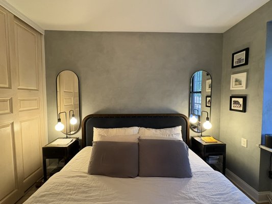 Roman Clay bedroom - We used the Portola Paints product called Roman Clay to achieve this subtle and cozy vibe for a bedroom in Greenwich Village. The color is called Lisbon.