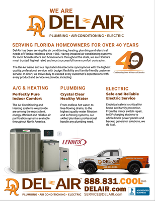 Precise Comfort Plan - Del-Air is proud to offer you our flagship whole-home mechanical maintenance program, the Precise
Comfort Maintenance Plan. The Plan includes two Air Conditioning system inspections per year, plus one plumbing and one electrical inspection per year, as needed. You’ll also receive 15% OFF all our home repair services including our award-winning air filters and air purification systems. Benefits also include waived Trip Fee charges, no over-time or after hours charges, and $500 OFF new system installation.