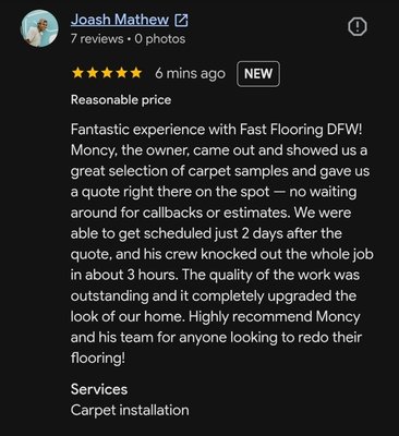 Premium Carpet & 1/2" Spill Guard Pad Rowlett - Rowlett customer, met with us on Monday and we finished installation on Wednesday! Our crew completed the installation within 3 hours! Then we walked the job with the customer to make sure they were happy! Icing on the cake was that we received a 5 Star Google review today! Premium Carpet & 1/2" Spill Guard Pad Rowlett - Rowlett customer, met with us on Monday and we finished installation on Wednesday! Our crew completed the installation within 3 hours! Then we walked the job with the customer to make sure they were happy! Icing on the cake was that we received a 5 Star Google review today!