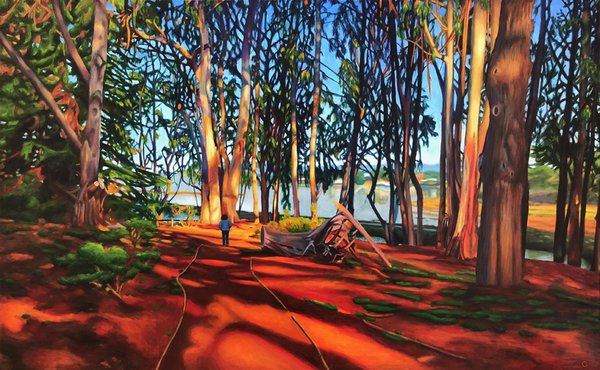 Vibrant Landscape Painting Commission - This landscape painting is based off of a photo of the commissioner walking in the pictured woods. After the commissioner saw the finished artwork, they were delighted.