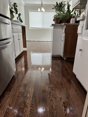 Refinish - new 3/4 red oak tongue and groove solid wood installation
sanded 
apply 1 coat of rosewood stain 
and apply 3 coats of water based finish