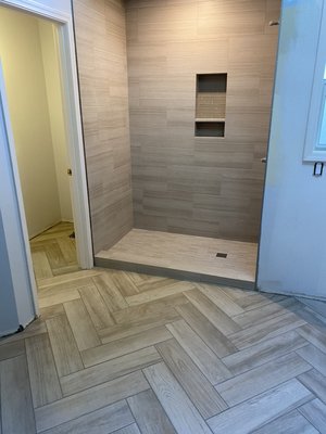 Master bathroom remodel - Master bathroom transformed into custom walk in shower with heated herringbone floor Master bathroom remodel - Master bathroom transformed into custom walk in shower with heated herringbone floor