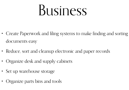 Business Organization! - Stacy Sorts helps homes and businesses in need of organizational help.  We love helping others become more efficient and productive at home and work.