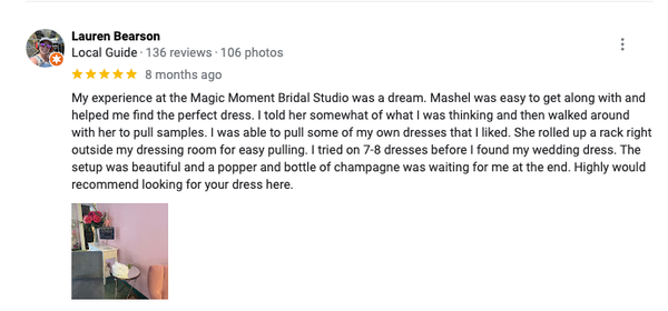 5 Star Client Testimonials - This Magic Moment Bridal Studio is a unique bridal experience where family and friends can help you find the wedding dress of your dreams. Our expert stylists are here to help you say “Yes!” to the dress, and make sure that you feel confident in your selection. We have a large and diverse selection of wedding dresses, so you’re sure to find something that fits your style and budget. Visit us today and let’s start celebrating this magic moment! With over 7 unique and beautiful lines, our prices range from $1300 to $4000. A perfect spot in-between the national average of $1900 published by The Knot. We are rated #1 in Pittsburgh by brides on both our reviews and voted winner of 2022 & 2023 Best Of The 'Burgh. We are also and Best of Weddings by The Knot for 2023, yet again! We highly recommend you take a look at our reviews and get a great feel for our beautiful studio. A hot tip, it's best to come shop 12 to 15 months prior to the wedding date. It gives the perfect time to get your beautiful dress made, delivered, and ready for alterations. Let everything come together stress-free and with ease. Book the best bridal experience because you deserve it.