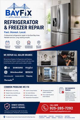 Refrigerator & Freezer Repair - Professional Refrigerator & Freezer Repair in the East Bay
BayFix Appliance Repair provides professional in-home refrigerator and freezer repair throughout Contra Costa County and nearby East Bay areas. We specialize in accurate diagnostics, honest recommendations, and reliable long-term repairs for residential refrigeration systems.
Whether your refrigerator is not cooling properly, your freezer is building excessive frost, your ice maker stopped working, or your unit is making unusual noises, we diagnose the issue efficiently and explain the repair process clearly.
We service top-freezer, bottom-freezer, French door, side-by-side, built-in, and counter-depth refrigerators from most major brands including LG, Samsung, Whirlpool, GE, KitchenAid, Bosch, Frigidaire, Sub-Zero, Thermador, Viking, and more.
Common Refrigerator & Freezer Problems We Repair
• Refrigerator not cooling
• Freezer warming up or icing over
• Ice maker not working
• Water leaking under the refrigerator
• Loud buzzing or grinding noises
• Fan motor failures
• Defrost system problems
• Temperature fluctuations
• Compressor and sealed system issues
• Error codes and electronic control failures
Every service call includes a detailed diagnostic process with electrical testing, airflow evaluation, temperature verification, and component inspection to identify the true cause of the problem — not guesswork.
We use quality OEM parts whenever possible to ensure dependable performance and long-lasting repairs.
Local East Bay Refrigerator Repair You Can Trust
At BayFix Appliance Repair, we focus on honest service, professional workmanship, and clear communication from start to finish. We proudly serve homeowners, landlords, and property managers throughout Walnut Creek, Concord, Pleasant Hill, Martinez, Lafayette, Orinda, Moraga, Danville, San Ramon, and nearby East Bay communities.
If you’re looking for dependable refrigerator or freezer repair in the East Bay Area, BayFix Appliance Repair is ready to help. Refrigerator & Freezer Repair - Professional Refrigerator & Freezer Repair in the East Bay
BayFix Appliance Repair provides professional in-home refrigerator and freezer repair throughout Contra Costa County and nearby East Bay areas. We specialize in accurate diagnostics, honest recommendations, and reliable long-term repairs for residential refrigeration systems.
Whether your refrigerator is not cooling properly, your freezer is building excessive frost, your ice maker stopped working, or your unit is making unusual noises, we diagnose the issue efficiently and explain the repair process clearly.
We service top-freezer, bottom-freezer, French door, side-by-side, built-in, and counter-depth refrigerators from most major brands including LG, Samsung, Whirlpool, GE, KitchenAid, Bosch, Frigidaire, Sub-Zero, Thermador, Viking, and more.
Common Refrigerator & Freezer Problems We Repair
• Refrigerator not cooling
• Freezer warming up or icing over
• Ice maker not working
• Water leaking under the refrigerator
• Loud buzzing or grinding noises
• Fan motor failures
• Defrost system problems
• Temperature fluctuations
• Compressor and sealed system issues
• Error codes and electronic control failures
Every service call includes a detailed diagnostic process with electrical testing, airflow evaluation, temperature verification, and component inspection to identify the true cause of the problem — not guesswork.
We use quality OEM parts whenever possible to ensure dependable performance and long-lasting repairs.
Local East Bay Refrigerator Repair You Can Trust
At BayFix Appliance Repair, we focus on honest service, professional workmanship, and clear communication from start to finish. We proudly serve homeowners, landlords, and property managers throughout Walnut Creek, Concord, Pleasant Hill, Martinez, Lafayette, Orinda, Moraga, Danville, San Ramon, and nearby East Bay communities.
If you’re looking for dependable refrigerator or freezer repair in the East Bay Area, BayFix Appliance Repair is ready to help.