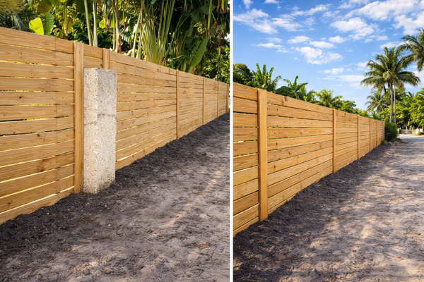 modern horizontal wood privacy fence - The fence features a modern horizontal slat design supported by reinforced structural posts and integrated concrete columns.
Installed by Fence & Pergola Builder, specializing in custom fencing solutions throughout South Florida modern horizontal wood privacy fence - The fence features a modern horizontal slat design supported by reinforced structural posts and integrated concrete columns.
Installed by Fence & Pergola Builder, specializing in custom fencing solutions throughout South Florida