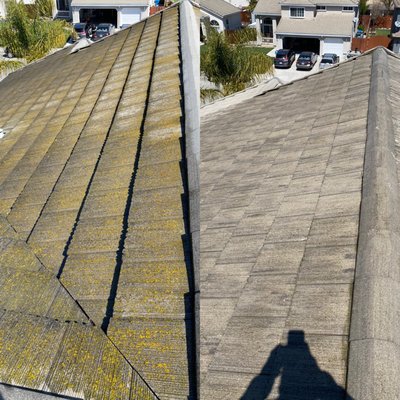 Tile Roof wash - This slate tile roof came out immaculate, with our softwash process we use our biodegradable solution that kills the dark mold/moss and alagee . 
We DO NOT use any high pressure in our cleaning process.