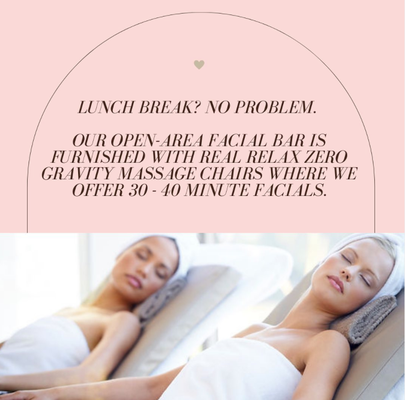 Bar Facials - Our Bar Facials are PERFECT for the woman on the go!
​
Enjoy pure bliss for you 30 - 40 minute facial. We offer a luxurious facial at an affordable price! You'll be in and out in no time with noticeably brighter, clearer skin.

Book your appointment today!