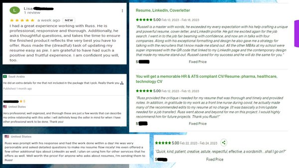 Resume Writing Projects - Some past comments and reviews from clients for Resume Writing projects, LinkedIn Optimization projects, and Job Search Coaching projects.