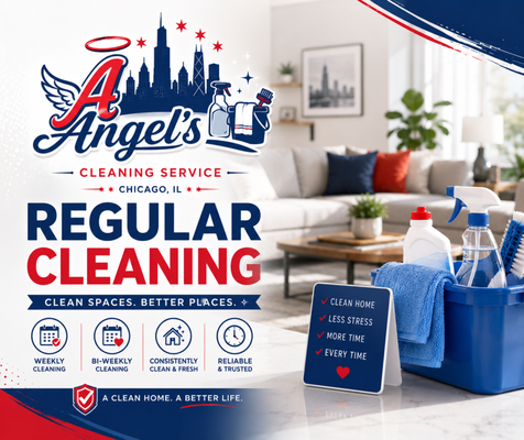 Regular Cleaning - At Angels Cleaning Service, we offer reliable regular and recurring residential cleanings throughout Chicago. We keep your home fresh and spotless with consistent, detail-focused care using safe, eco-friendly products. Let us handle dusting, vacuuming, and more—so you can enjoy a pristine space week after week. Trust us for dependable service, flexible scheduling, and a home that’s always ready to welcome you. Choose us for your ongoing cleaning needs!