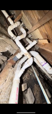 Drain Piping in crawl space for entire house remodeled and replaced - Due to an earthquake that happened several years ago, all of the piping under the crawlspace was severely damaged or collapsed directly under the concrete. Therefore, every single drain connection had to be run new. Ran new piping above old and made new connections and ensured it was a smooth flow all the way to the house trap and now the client won’t have a terrible smell under their house.