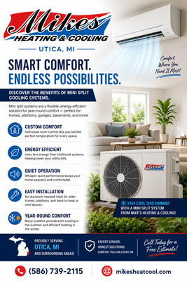 Ductless Mini-Split Installation - Mike’s Heating & Cooling completed a professional Carrier ductless mini-split installation to give this homeowner efficient, personalized comfort without adding traditional ductwork. The new system provides quiet heating and cooling with precise temperature control for the area where it is needed most.

Ductless mini-splits are an excellent solution for home additions, sunrooms, garages, finished spaces, older homes, and rooms that are difficult to keep comfortable. Our experienced team carefully installed and tested the system for dependable performance and year-round comfort.

As a Carrier Factory Authorized Dealer and a family-owned company serving Southeast Michigan since 1979, Mike’s provides expert installation and personalized service.

Interested in a ductless mini-split? Contact us for a free in-home estimate.

(586) 739-2115
mikesheatcool.com