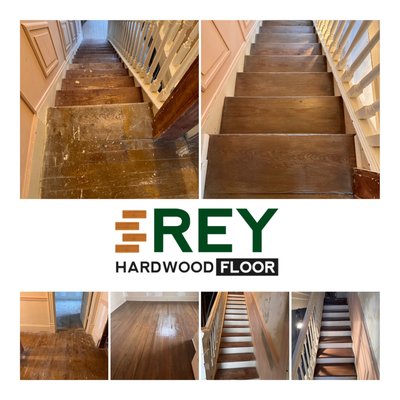 Big Island Project December ‘23 - Our client wanted to bring their 100-year-old stairs and floors back to life! We refinished and stained them with a water-based finish to give them a more natural look. 
                    **Stair risers were not yet repainted**