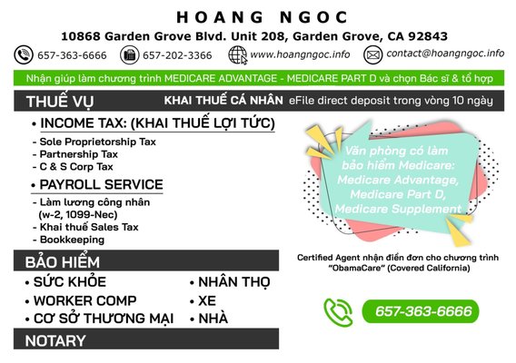 Tax+ Insurance+ Notary Services - We look forward to working with you and exceeding your expectations.
Accounting Services
Insurance Service: Auto + Business + Life + Health+ Annuity
Notary Service Tax+ Insurance+ Notary Services - We look forward to working with you and exceeding your expectations.
Accounting Services
Insurance Service: Auto + Business + Life + Health+ Annuity
Notary Service