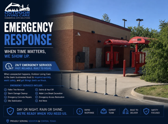 Emergency Response Services - When emergencies happen, fast action matters. From fallen trees blocking driveways and storm cleanup to emergency excavation, concrete repairs, and site restoration, Outdoor Living Care responds quickly to help restore safe access and minimize downtime. Emergency Response Services - When emergencies happen, fast action matters. From fallen trees blocking driveways and storm cleanup to emergency excavation, concrete repairs, and site restoration, Outdoor Living Care responds quickly to help restore safe access and minimize downtime.