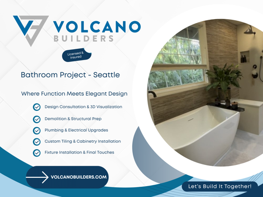 Elegant Bathroom Transformation and Fireplace upgrade in Seattle, WA - Volcano Builders takes great pride in announcing the successful completion of a sophisticated bathroom renovation and fireplace installation project. This endeavor aimed at elevating the home's aesthetic while improving functionality, delivering a stylish and comfortable living environment for our client.

The bathroom was reimagined and redesigned to incorporate a modern, spacious walk-in shower. Precision-engineered for durability and ease of use, the shower enclosure features high-quality fixtures and a contemporary design that lends an air of luxury to the space. Complementing the shower, a freestanding bathtub was added, creating a beautiful and relaxing focal point. The tub's sleek lines and superior comfort offer the perfect blend of form and function, turning the bathroom into a personal spa-like retreat.

Adding to the project's scope, we installed a new white brick fireplace that has instantly become the heart of the home. The white brick lends a timeless appeal to the space, providing both warmth and a stylish backdrop for the homeowners' décor. Crafted to enhance the cozy feel of the living area, the fireplace provides a perfect place for relaxation and family gatherings.

This project showcases Volcano Builders' dedication to high-quality craftsmanship, client-focused designs, and commitment to project execution. We are extremely proud of the transformation achieved and the enhanced living experience we have provided to our client.