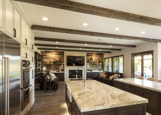 Coto de Caza Custom Kitchen - Kitchen remodel featuring real reclaimed wood walls, ceiling beams and floating shelves. Coto de Caza Custom Kitchen - Kitchen remodel featuring real reclaimed wood walls, ceiling beams and floating shelves.