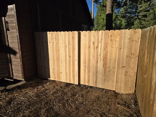 Cedar picket fence - Removal of old fence. Hauled to dump. Installed galvanized structural steel posts. Install 3 pressure treated rails. Installed cedar pickets. Cedar picket fence - Removal of old fence. Hauled to dump. Installed galvanized structural steel posts. Install 3 pressure treated rails. Installed cedar pickets.