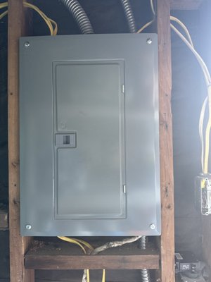 Inside garage 125A square D sub panel - We installed a 125A sub panel inside garage using a 1/0 wire from main panel. Inside garage 125A square D sub panel - We installed a 125A sub panel inside garage using a 1/0 wire from main panel.