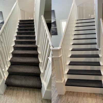 Stairs flooring - A great project for transforming the staircase into a new style: black vinyl is used on the steps, with white risers. It looks striking and stylish