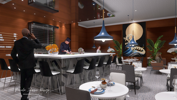 Interactive Sushi Dining Experience - This commercial project was fully designed and budgeted to maximize the space impression using visual effects like mirrored surfaced, maximizing seating and keep a modern, uptown vibe with cocktail lounge space and formal seating. Interactive Sushi Dining Experience - This commercial project was fully designed and budgeted to maximize the space impression using visual effects like mirrored surfaced, maximizing seating and keep a modern, uptown vibe with cocktail lounge space and formal seating.
