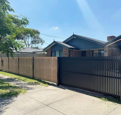 two-tone fencing - This project involves creating visually striking two-tone fencing using galvanized steel frames and cypress battens. The steel frames are powder-coated satin black before being clad with the wood battens. An auto slider mechanism adds convenience. The result is a modern and elegant fencing solution that enhances any outdoor space.