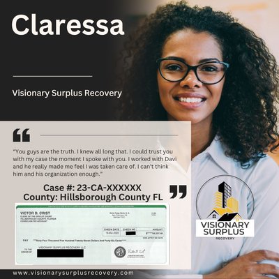 Client Testimonial - From Losing a Home to Gaining a Check! ✅ Meet Claressa, who received $64,527.46 in surplus funds after their foreclosure. Don’t leave money behind—contact us today! Client Testimonial - From Losing a Home to Gaining a Check! ✅ Meet Claressa, who received $64,527.46 in surplus funds after their foreclosure. Don’t leave money behind—contact us today!