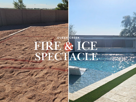 Before and After: Queen Creek - This Queen Creek project transformed an open backyard into a one-of-a-kind outdoor retreat with a brand-new custom pool. The design features a 360-degree negative-edge spa, dramatic fire and water features, a Baja shelf, custom stone finishes, LED lighting, and smart pool automation. As an experienced pool builder, our team combined modern design with unique details to create a space built for both relaxation and entertaining. Completed in just 60 days, this custom pool brings together fire, water, and luxury finishes for a bold backyard transformation.