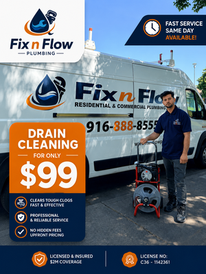 Offer for drain cleaning - Drain cleaning for only $99! This offer is valid for drain cleaning through an existing exterior cleanout. Homes without an accessible cleanout that require toilet removal, roof vent access, or other methods may require additional labor and pricing. At Fix n Flow Plumbing, we provide honest, upfront pricing with no hidden fees. Offer for drain cleaning - Drain cleaning for only $99! This offer is valid for drain cleaning through an existing exterior cleanout. Homes without an accessible cleanout that require toilet removal, roof vent access, or other methods may require additional labor and pricing. At Fix n Flow Plumbing, we provide honest, upfront pricing with no hidden fees.