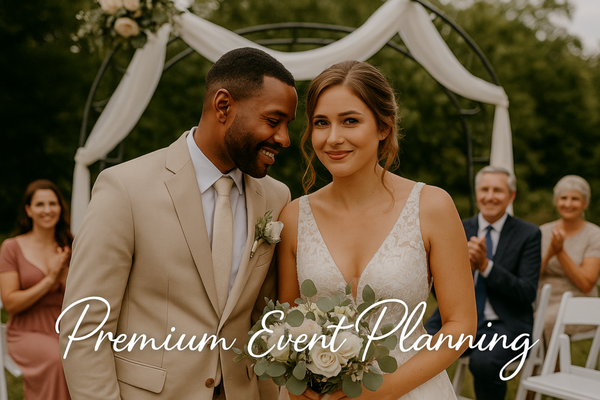Premium Event Planning - $1000 - Perfect for micro-weddings or vow renewals (up to 10 guests)
Includes:
Consultation to understand your vision & style
Vendor sourcing & logistics for all categories: Venue, Catering, Photography, Florals, Cake/Desserts, Décor/Rentals, Attire, Transportation
Coordination with selected vendors leading up to the event
Basic budget & timeline assistance
Rehearsal coordination (1–2 hours the day prior)
Expanded day-of coordination (up to 6 hours onsite)
Vendor timeline distributed in advance to all parties Premium Event Planning - $1000 - Perfect for micro-weddings or vow renewals (up to 10 guests)
Includes:
Consultation to understand your vision & style
Vendor sourcing & logistics for all categories: Venue, Catering, Photography, Florals, Cake/Desserts, Décor/Rentals, Attire, Transportation
Coordination with selected vendors leading up to the event
Basic budget & timeline assistance
Rehearsal coordination (1–2 hours the day prior)
Expanded day-of coordination (up to 6 hours onsite)
Vendor timeline distributed in advance to all parties