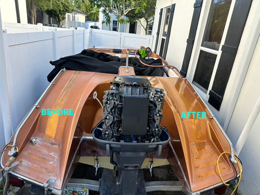 1982 Classic Boat Restoration - We took this 1982 classic boat and gave it a complete transformation. Years of sun, saltwater, and wear left the surface dull and faded. We started with a deep clean, followed by a full gel coat restoration, paint correction, and a protective marine ceramic coating. The result? A glossy, mirror-like finish that’s ready to handle the elements. Whether your boat is a vintage classic or a modern cruiser, BOXED Detailing will bring back its shine and protect it for years to come!