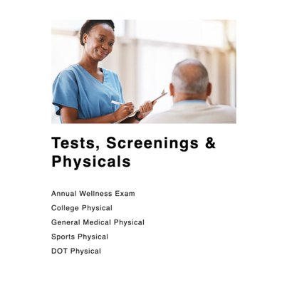 Tests, Screenings & Physicals - We are proud to offer the following tests, screenings, & physicals:

- Annual Wellness Exam
- College Physical
- General Medical Physical
- Sports Physical
- DOT Physical

Call (612) 405-3554 for your appointment, we also accept walk-ins!