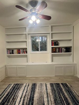 custom book case - built this custom book case to fit the wall
bench opens up for storage , 2 double doors built for storage custom book case - built this custom book case to fit the wall
bench opens up for storage , 2 double doors built for storage