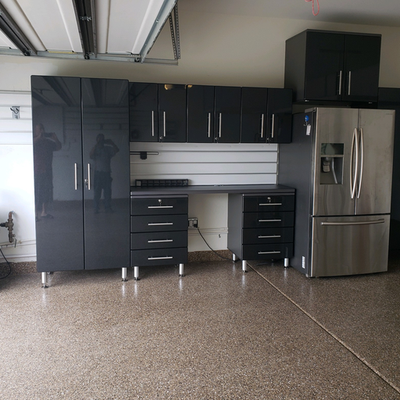 Black Cabinets, Work Bench, Slat wall in Garage (Before & After) - This remodel was accomplished in 3 days. The install consisted of a workbench, slat wall organization system, and Black cabinetry. Black Cabinets, Work Bench, Slat wall in Garage (Before & After) - This remodel was accomplished in 3 days. The install consisted of a workbench, slat wall organization system, and Black cabinetry.